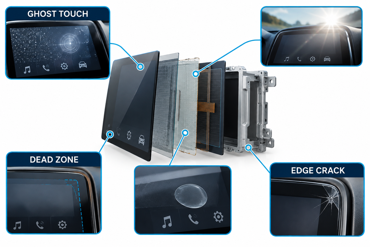 Vehicle touchscreen failure symptoms mapped to touch, optical, bonding and cover-glass layers.